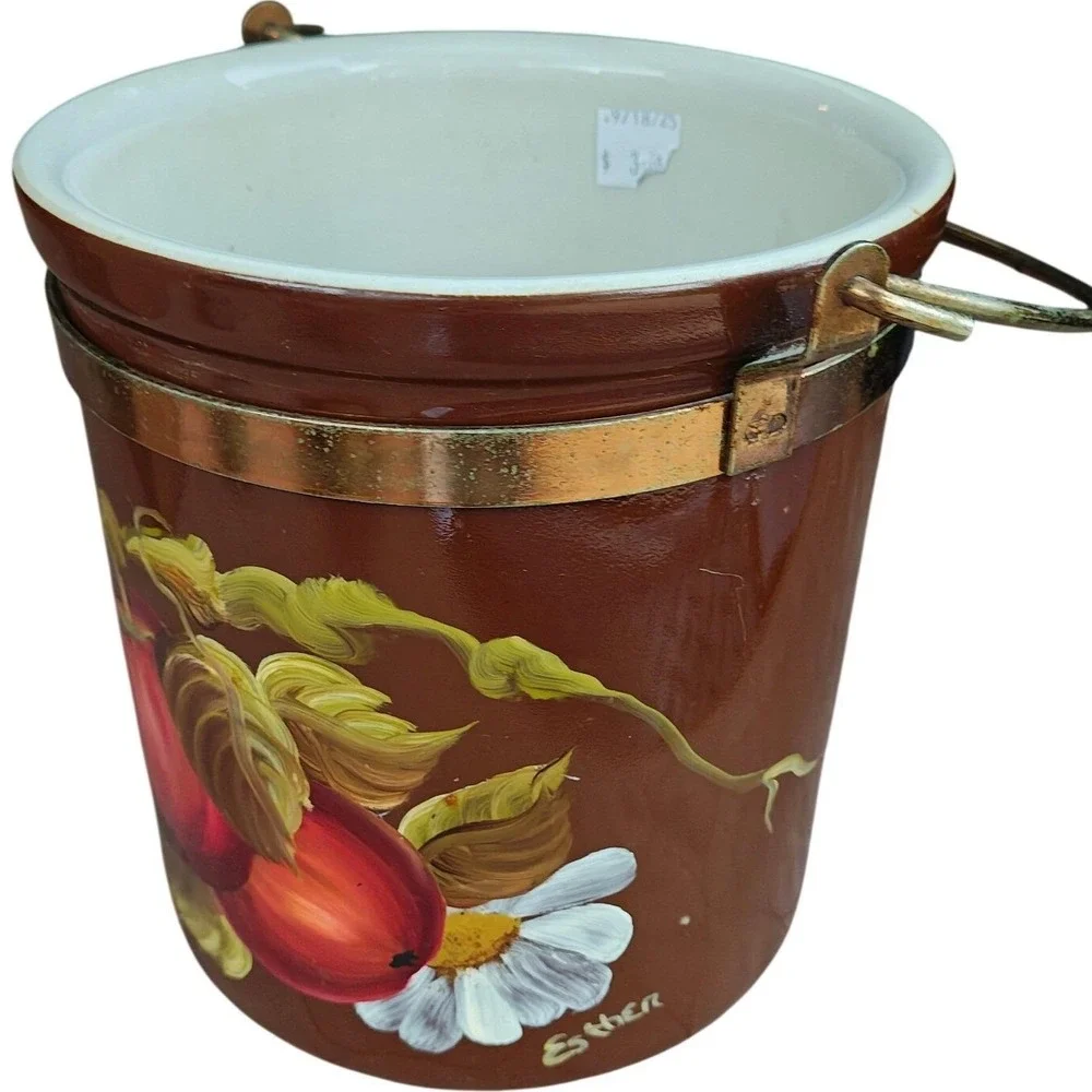 Vintage Hull Pottery 302 Brown Ceramic Ice Bucket Hand Painted Apples Daisy USA